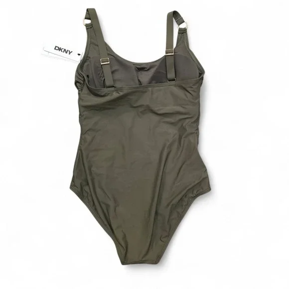 DKNY Womens Olive Green Ruched One Piece Swimsuit Tummy Control Size M D14MS064 - Picture 2 of 4